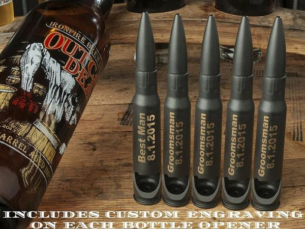 Groomsmen Set of Matte Black Engraved .50 Caliber Bottle Openers with Personalized Gift Boxes